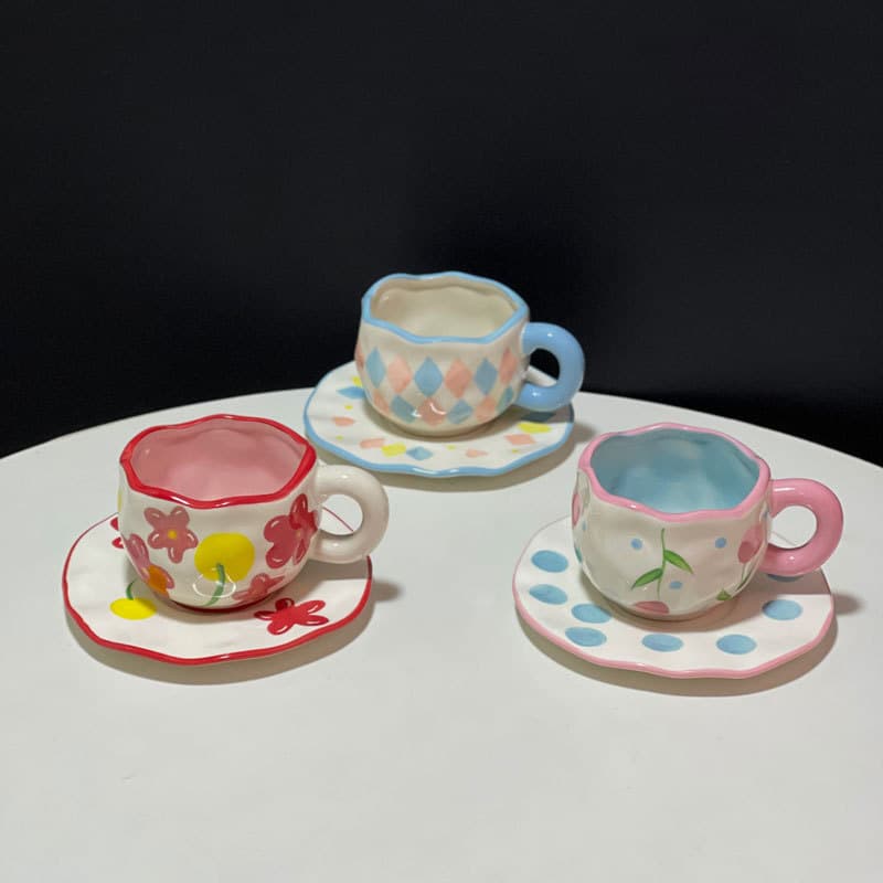Hand-Painted Floral Ceramic Coffee Cup And Plate Set Creative Afternoon Tea Hand-Made Irregular Modern Minimalist Style Home Office