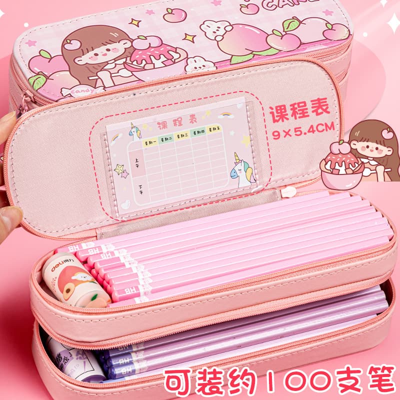 Double-Layer Pencil Bag, High-Looking, Large-Capacity Stationery Bag for Primary School Students, Simple Japanese Style, Cute Multi-Layer Pink Girl