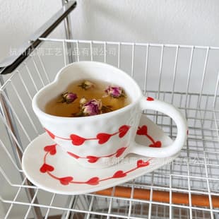 Cross-border Mug Red Heart-shaped Creative Floral Irregular Coffee Cup Saucer Afternoon Tea Ceramic Cup Saucer Set