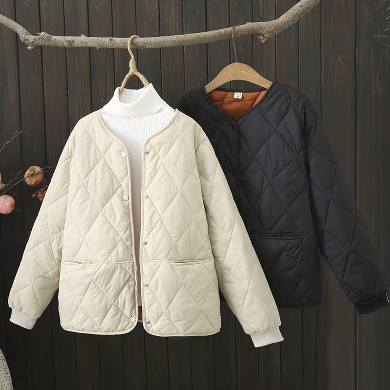 Lightweight Cotton Coat Plus Size Women's Clothing 2023 Autumn/Winter Curvy Girls Cotton Jacket 200 lbs Round Neck Diamond Pattern Outerwear Versatile 9106