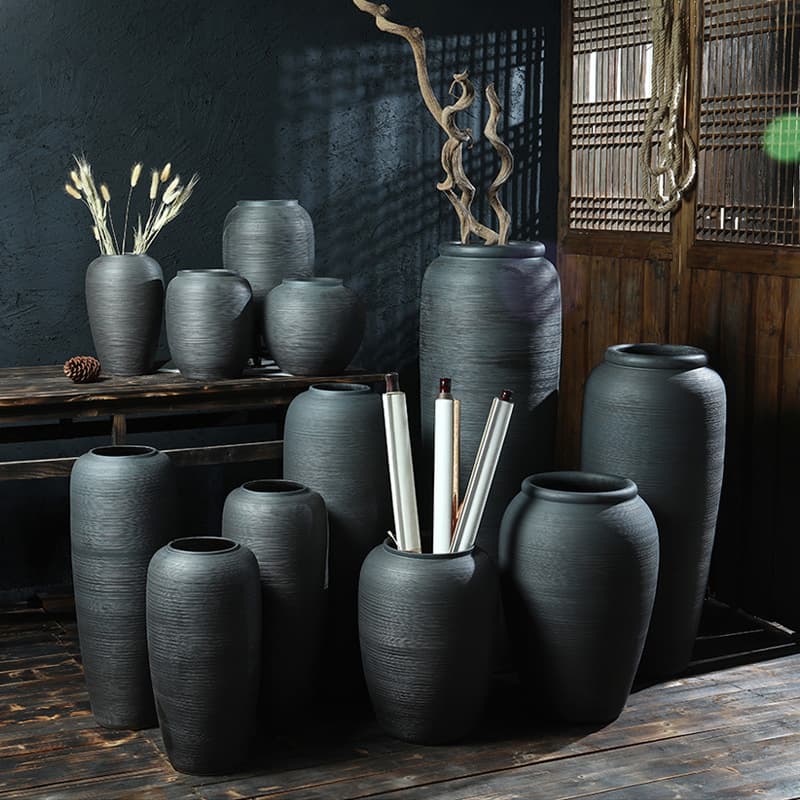 Jingdezhen Ceramic Floor Vase, Modern Minimalist Black Vintage Porcelain Vase for Dried Flowers, Living Room TV Cabinet Showroom