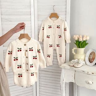 2026 Spring/Autumn Baby Romper Set - Cute Cherry Knit Cotton Gauze Strap Bodysuit, Versatile 3-Piece Set for Infants