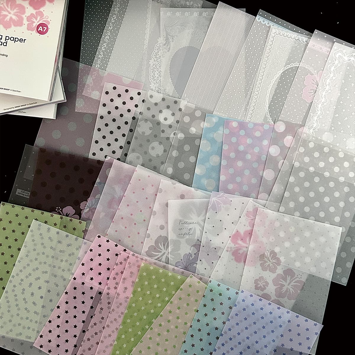 A7 Vellum Paper Sticky Note Pad 100 Sheets, Journaling Collage Materials, Polka Dot, Star, Floral, Transparent Decoration, Kawaii