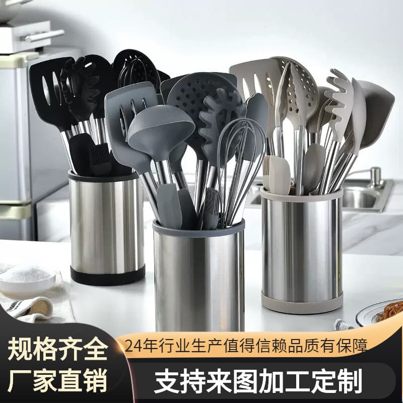 Kitchen Utensil Set Rotating Storage Bucket Stainless Steel 12-Piece Set Amazon Cooking Kitchen Spatula Silicone Non-Stick Pan
