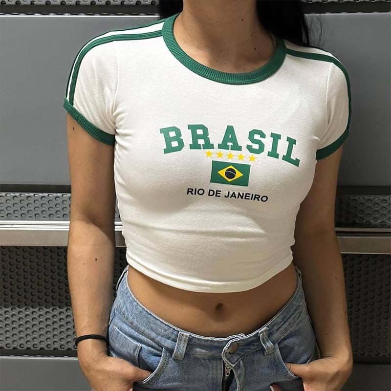 Y2K Street Summer New Women's Short Sleeve White Mexico Flag Print Crop Top T-Shirt