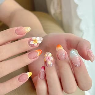 3D French Flower Whitening Wearable Nails Short Almond Shape Nail Art Nail Wraps High-End Fake Nails Wholesale