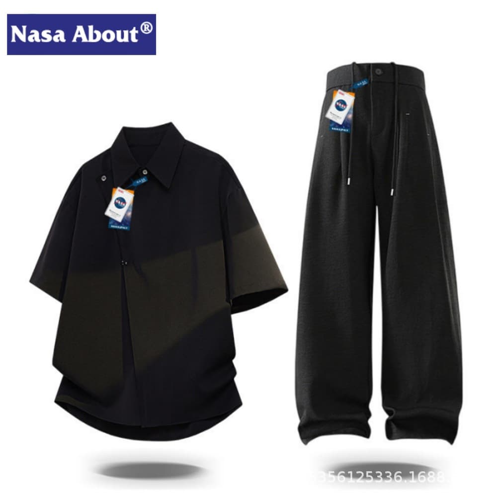 NASA ABOUT New Chinese Style Short Sleeve Suit Men's Summer Ice Silk Casual Shirt High-End Feel Complete Set