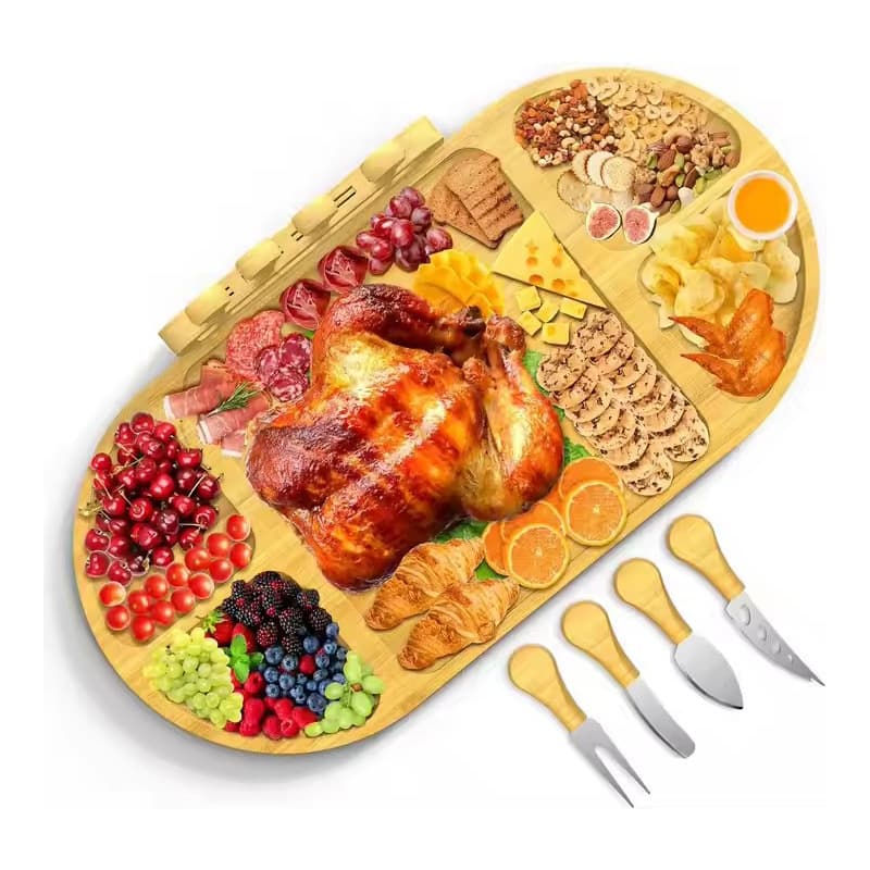 Bamboo Cheese Board Set, Home Kitchen Gathering Use, Bamboo Cutting Board with Knife and Fork for Serving Fruit, Deli Meat, and More