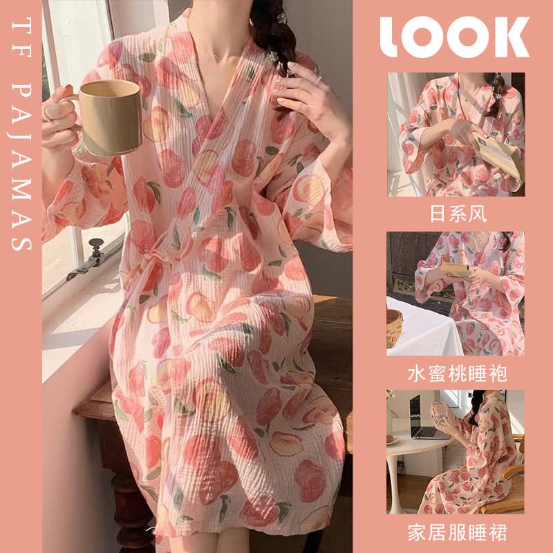 Spring and Autumn Bathrobe for Women Peach 2023 New Summer Kimono Style Bathrobe Nightgown Summer Pajamas