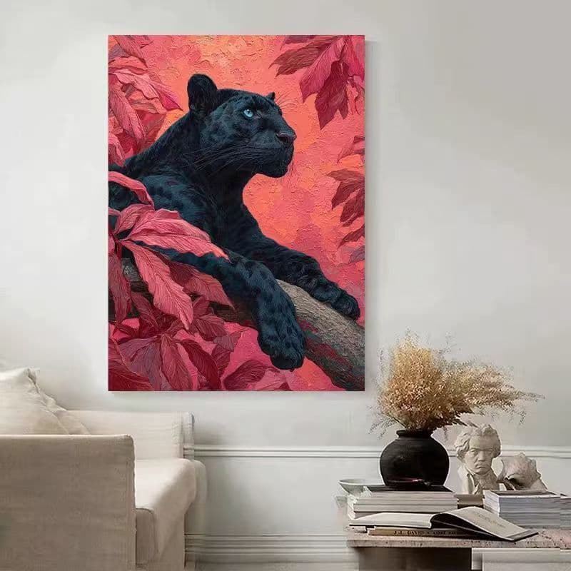 Leopard in Red Forest Digital Oil Painting DIY Wall Art, Luxury High-End Decorative Painting for Living Room, Dining Room, and Bedroom
