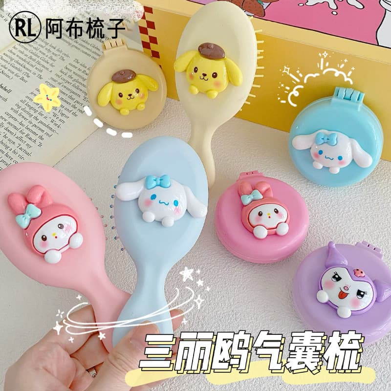 Sanrio Cute Ins-Style Folding Comb with Mirror, Portable Cushion Comb with Integrated Mirror, Massage Hairbrush