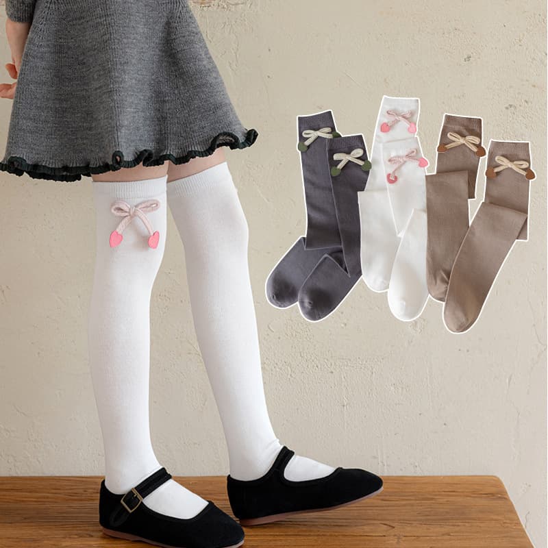 Girls' Knee-High Socks for Spring and Autumn, Solid Color, Cotton Lace Bowknot Princess Style, Over-the-Knee Thigh Socks for Little Girls