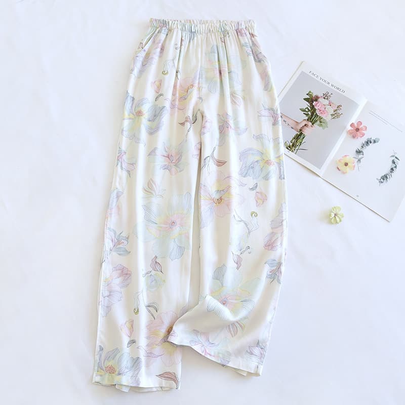 Satin Cotton Women's Sleep Pants, Summer Cotton Silk, Cool and Breathable, Thin Printed Home Wide-Leg Pants, Air Conditioning Pants