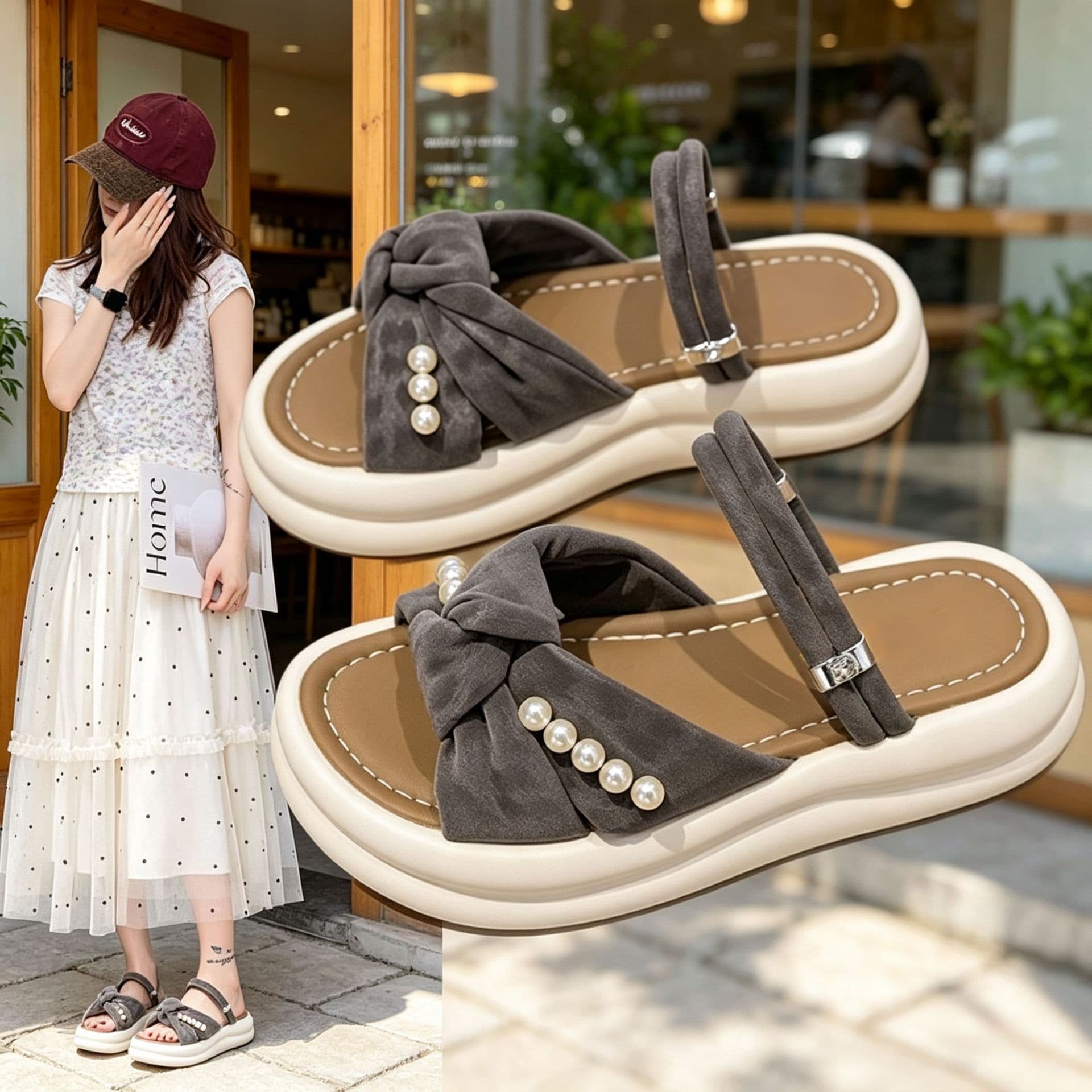 Pleated fabric three-dimensional pearl one-line slip-on two-wear adjustable thin straps non-slip heightening platform bottom girls casual sandals