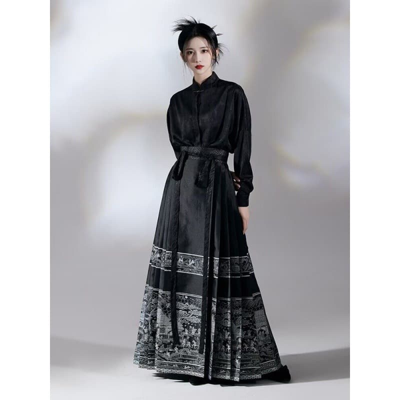 Wind Sleeves Original Hanfu Popular Ming-style Black Horse-Face Skirt Summer Unisex National Style Stand Collar Short Jacket Set