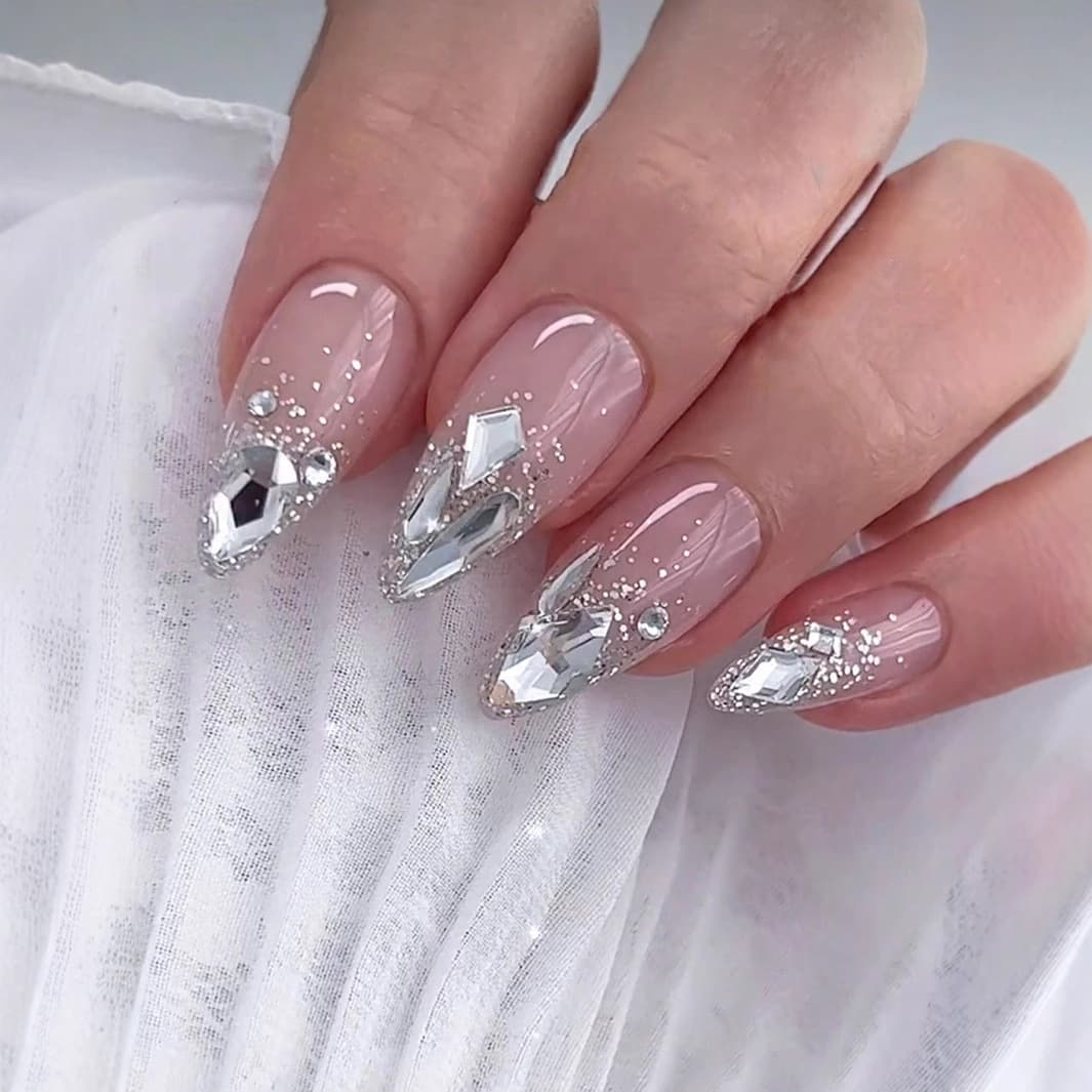 Cross-border Hot Selling Wearable Nails Nude Color with Rhinestones Medium-Long Length Shiny Nail Tips Removable