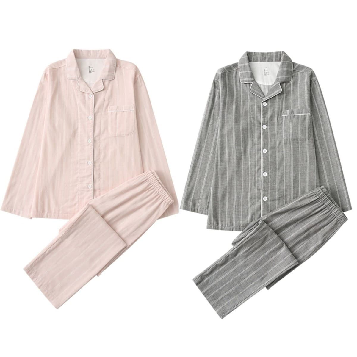 Homewear Double-Layer Gauze Couple Pajamas, All-Cotton Men's and Women's Long-Sleeved Simple Plaid Pure Cotton Set, Can Be Worn Outside