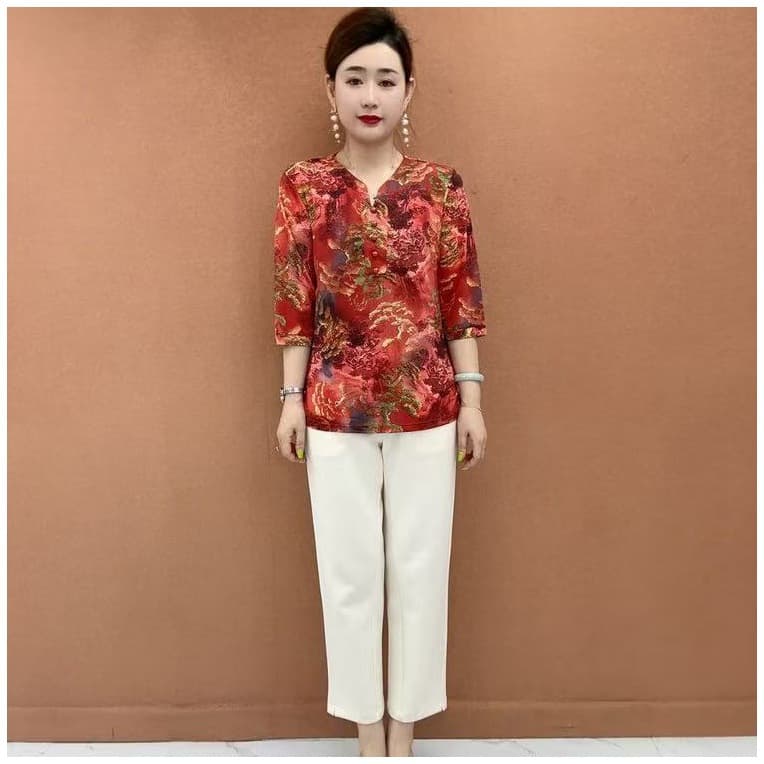 Drop Shipping 2026 Elegant Mother Three-Quarter Sleeve Blouse Women Summer New Fashion Printed Loose Fit Tummy Cover Top