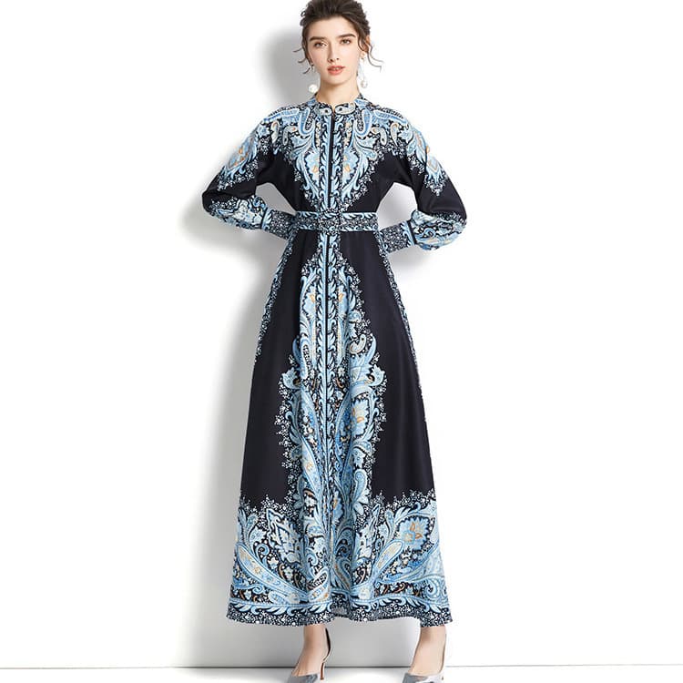 Retro Court Style Floral Print Long Dress Women's Single Button Lantern Sleeve Empire Waist A-Line Knee-Length Dress