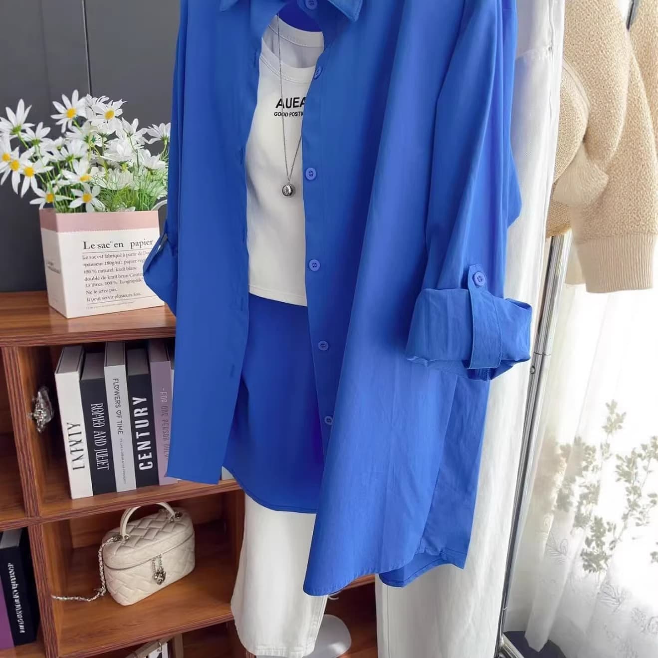2026 Spring/Summer New Blue Polo Collar 100% Cotton Long Sleeve Shirt for Women Loose Fit Versatile Mid-Length Top