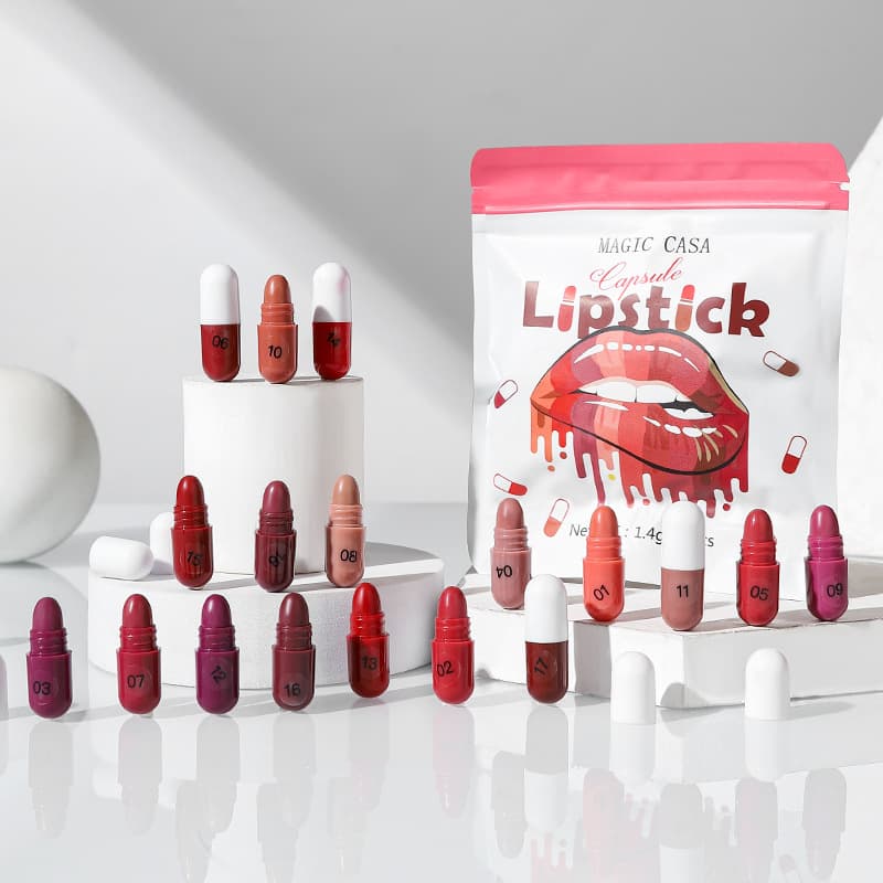 MAGIC CASA 18-color capsule lipstick set, long-lasting, waterproof, non-transferable, mini matte lipstick, cross-border wholesale.