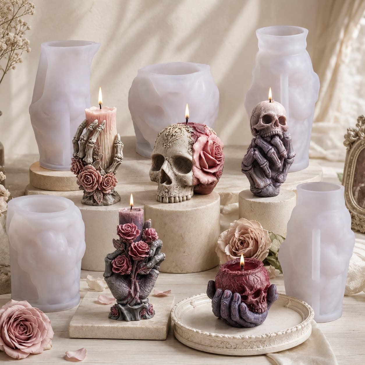 Halloween Skeleton Hand Series Scented Candle Silicone Mold DIY Halloween Flower Skull Candle Making Mold