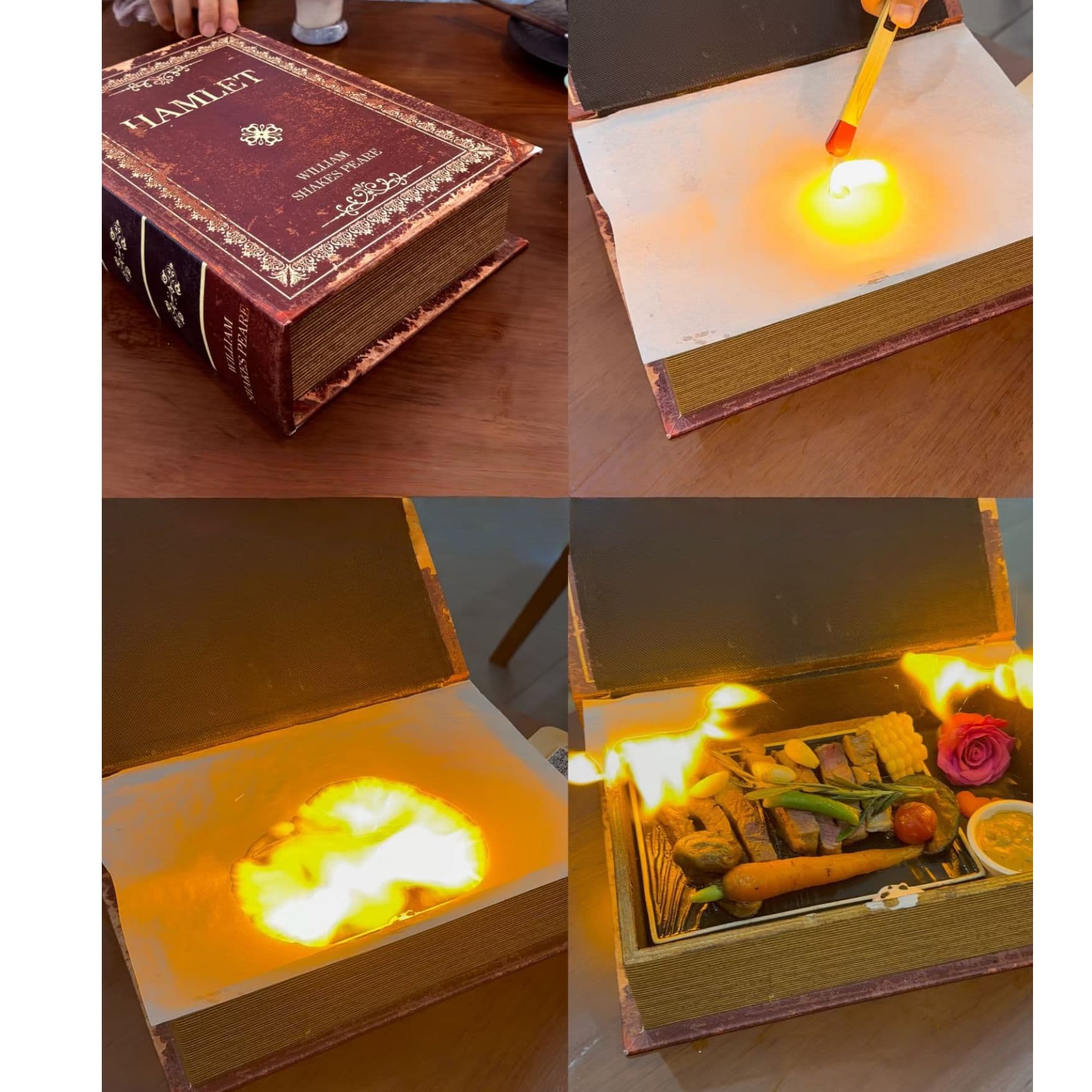 Viral Restaurant Magic Book Steak Meal Prep Box Wooden Fake Book Simulation Book Model Plate Table Decoration