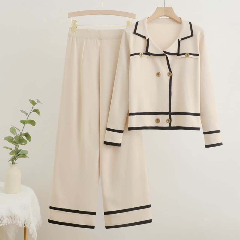 Cross-border Chanel-style Elegant Turn-down Collar Knit Cardigan Set for Women, Autumn Short Top with Wide-leg Pants Two-piece Set