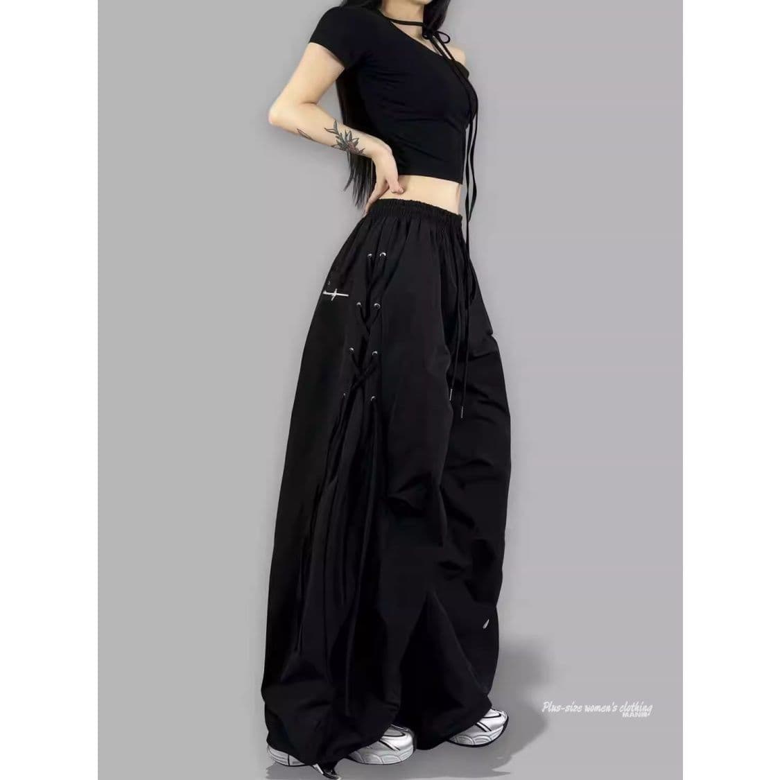 Plus Size 300lbs Women's Slightly Pleated Casual Pants Spring Loose Fit Slimming Wide Leg High Waist Cargo Pants