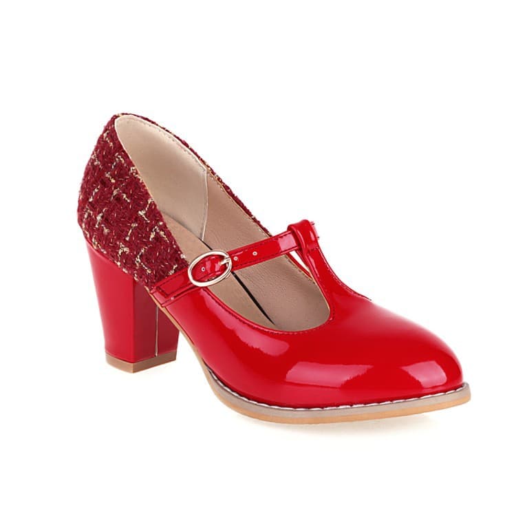 2026 New T-Strap Shoes Spring Round Toe Chunky Heel High Heel Shoes Women British Style Small Large Size Women's Shoes Cross Border Export