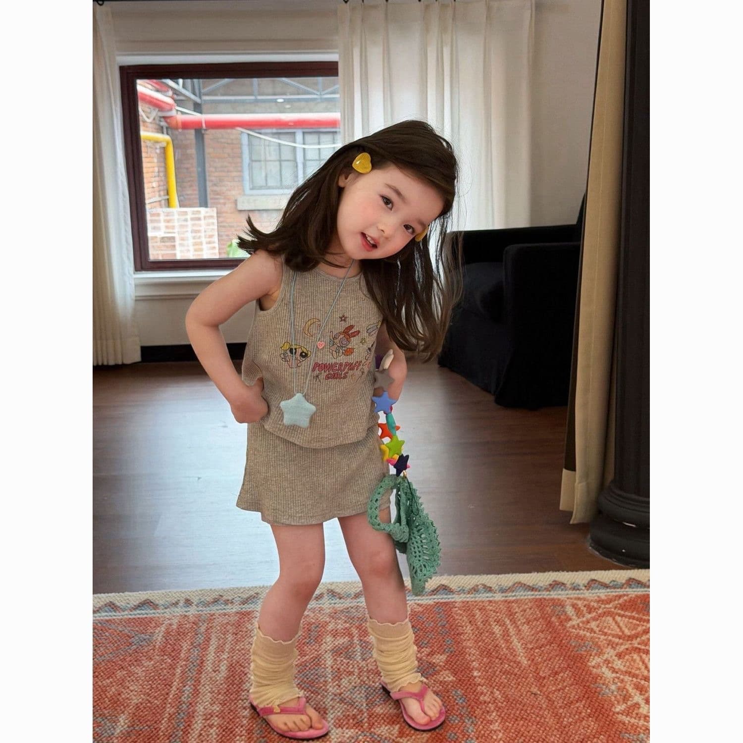 Korean Girls' Vest Set 2026 Children's Style Sleeveless T-shirt + Skirts Cute Cartoon Striped Two-piece Set