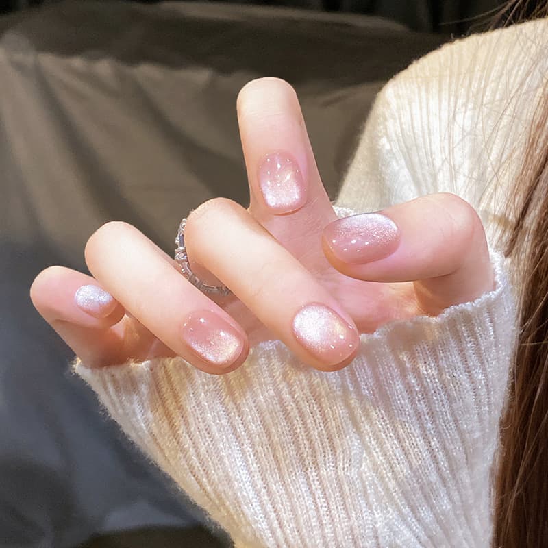 Nude Pink Cat Eye White Pure Hand-Painted Armor Short High-End Finished Fake Nails Nail Patches New Style
