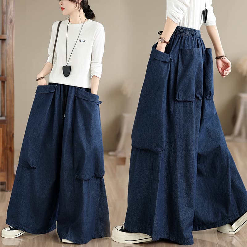 2026 Large Size Denim Wide Leg Pants for Women Loose Long Pants Solid Color Personality Large Pocket Fashionable Floor-Length Wide Leg