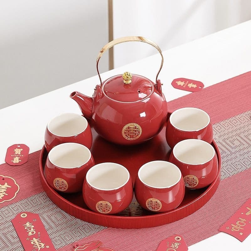 Chinese Wedding Tea Cup Set with Tray, Red Tea Pot, Bride Tea Ceremony Gift Box