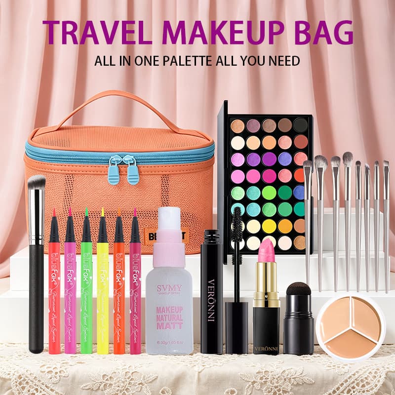 Orange mesh cosmetic bag, makeup set, colorful eyeliner, eyeshadow palette, lipstick, concealer, complete makeup set for beginners