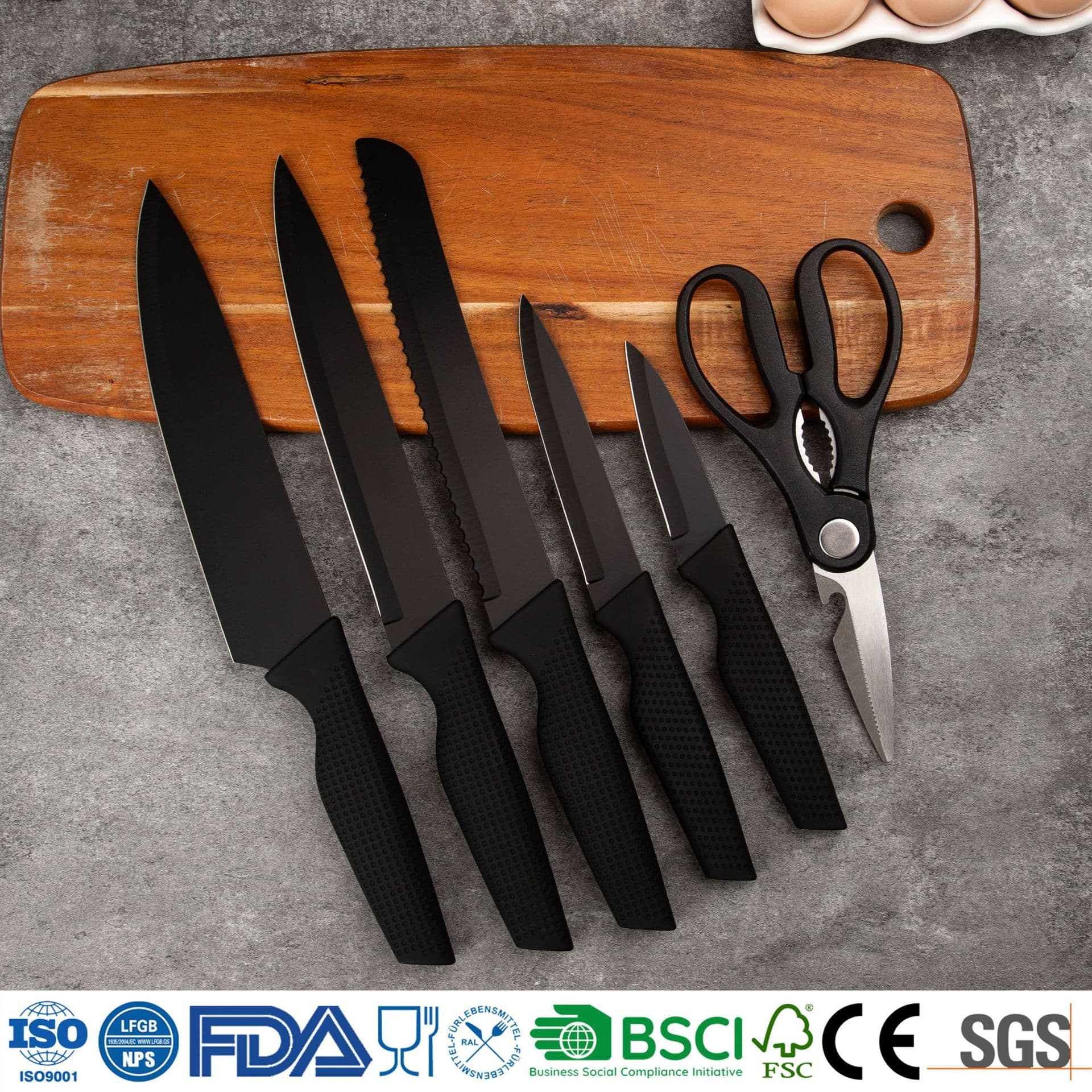 Black non-stick coating 6-piece knife set spliced wooden knife holder household stainless steel chef knife kitchen knife set