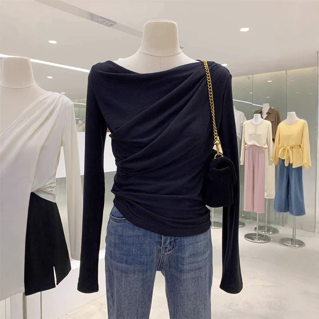 Elegant Long Sleeve Crew Neck T-Shirt Women Slim Fit Pleated Design Versatile Spring Autumn Top Quality Cotton Comfortable