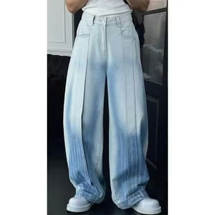 2026 Spring/Summer New Stylish Gradient Vintage Washed Jeans Casual Wide Curved Leg Pants Trendy Men's Wear