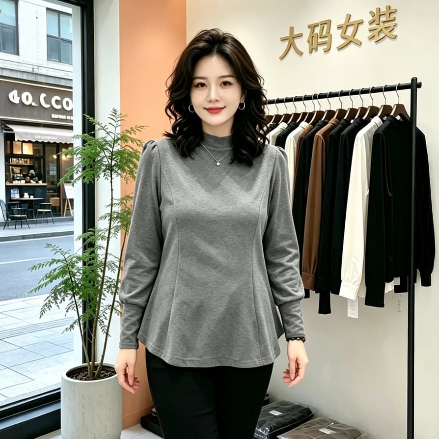 Plus Size Gray Half High Collar Undershirt for Women Fall/Winter New, Slimming Concealing Design Inner Top