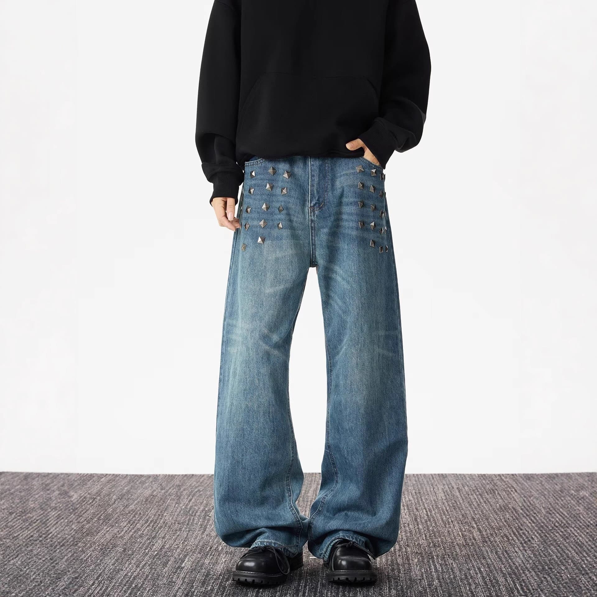 American retro distressed washed whiskering jeans for men in autumn with design square nails decorated wide-leg floor-length trousers trendy
