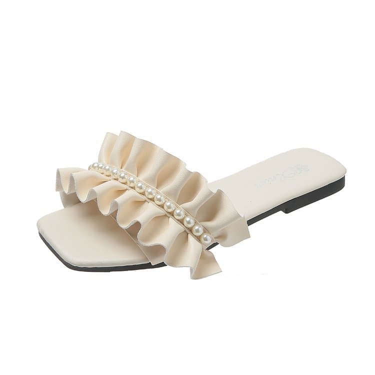 Xiaoxiang Style Pearl Lace Square Toe Sandals for Women 2025 Summer New Trend Fresh Outdoor Roman One-Strap Slides