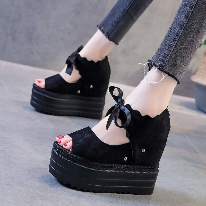 Summer Sexy Peep-Toe Wedge Sandals Hollow Out Nightclub Ultra-High Heels High Platform Thick Sole Hidden Height Women's Shoes