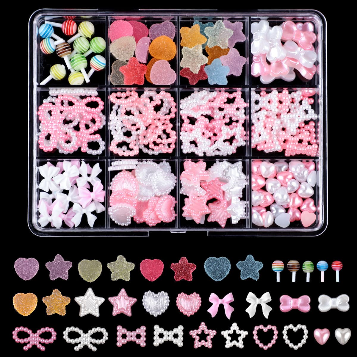Hot-selling cross-border e-commerce nail art resin bow ribbon ABS irregular pearl heart five-pointed star set wholesale