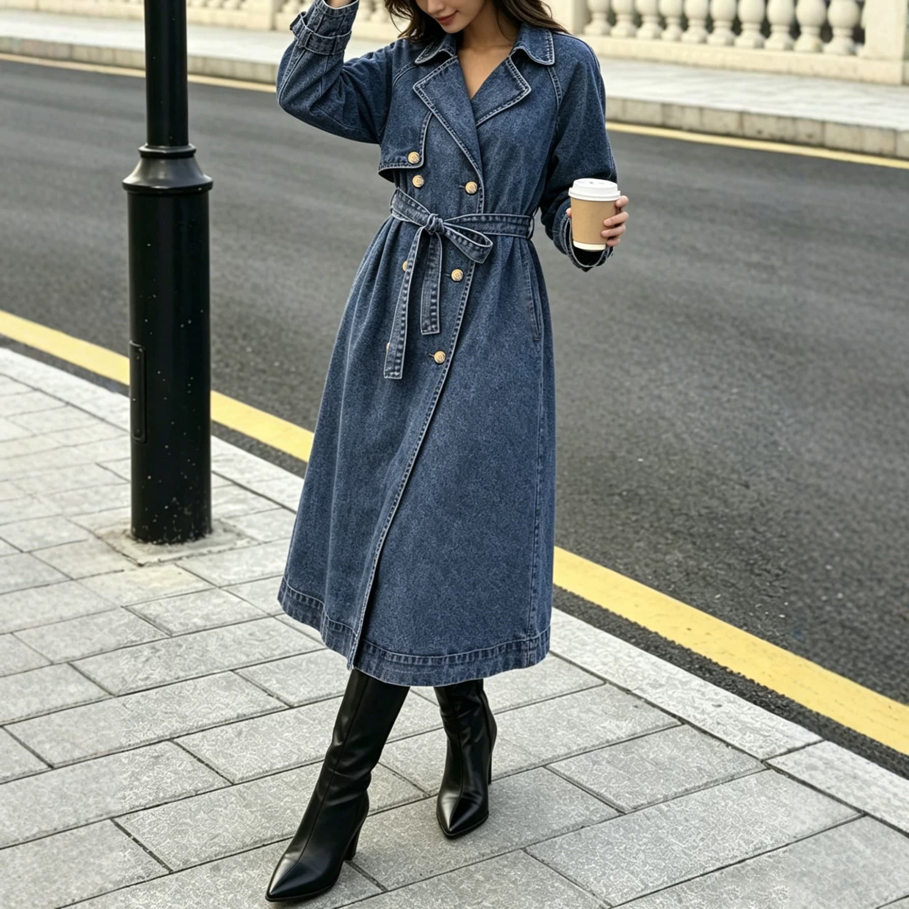 European and American 2026 New Fashion Denim Trench Coat for Women Solid Color Notched Lapel Long Sleeve Tie Waist Long Denim Jacket