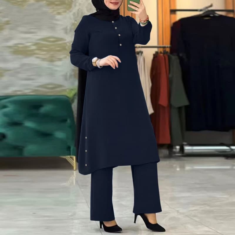 High-Quality New Solid Color Long-Sleeve Women's Suit with Side Seam Decoration, Wooden Buttons, and Elastic Waist, in Stock for Factory Wholesale