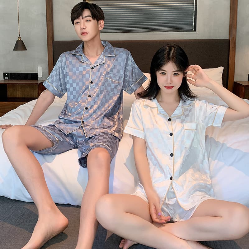Summer Pajamas for Men, Silk-like Jacquard Grid Pattern, Couple Style, Short Sleeve, Turn-down Collar, Cardigan, Casual Comfortable Homewear Set