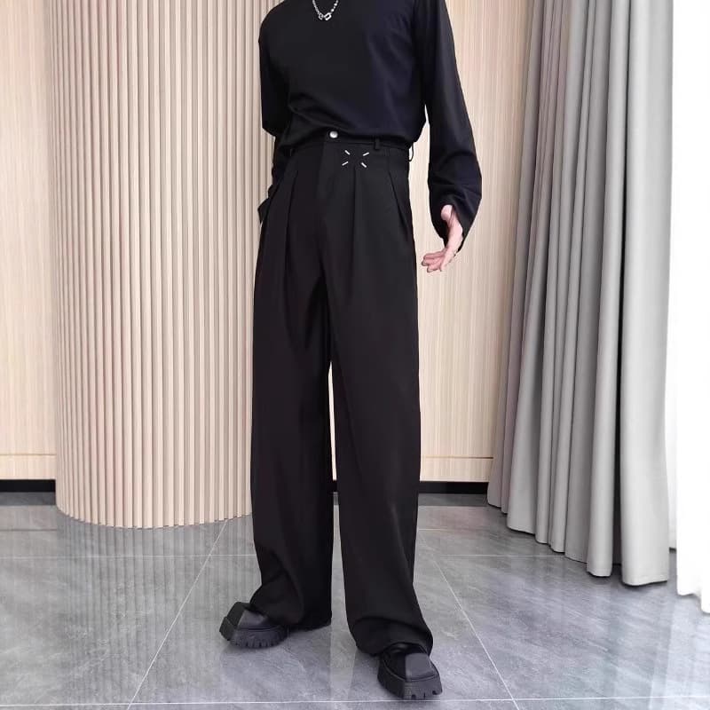 Formal American Retro Black Men's Pants Drapey Loose Wide Leg Casual Trousers Heavyweight 260g Tailored Feeling