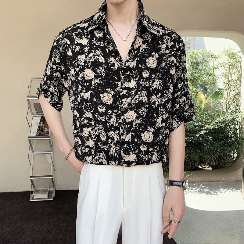 Ice silk summer new casual Korean men's short-sleeved shirt handsome light luxury thin loose shirt