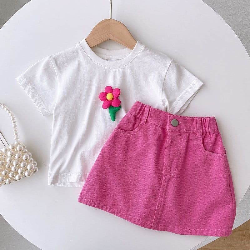 Summer Girls Rose Pink 3D Flower White T-Shirt with Rose Pink Skirt Set, Trendy Baby Short Sleeve Two-Piece Outfit for Girls
