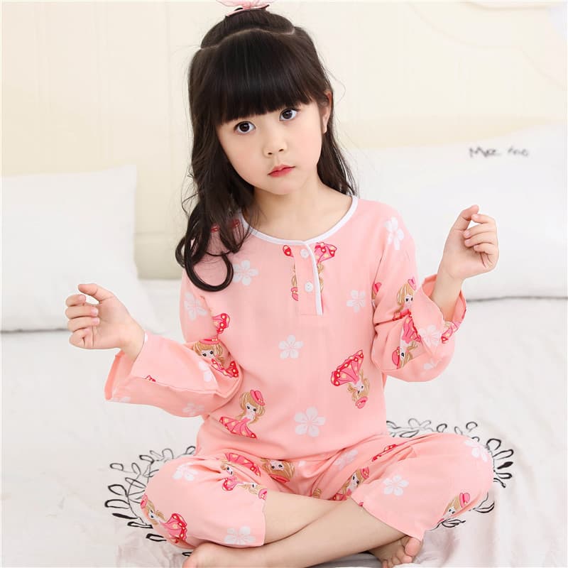 Summer new cotton silk children's pajamas thin long-sleeved cotton silk girls and boys cartoon artificial cotton air-conditioning clothes